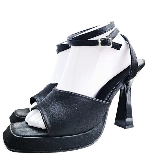 Azalea Wang Black Satin Square Peep Toe Strappy Ankle High Platform Heels - Picture 6 of 12